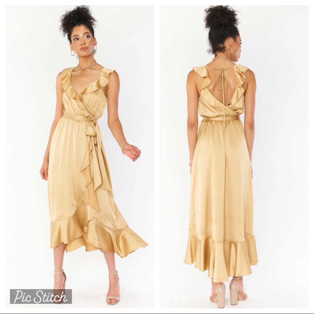 Show Me Your Mumu Samantha Ruffle Wrap Dress in Gold